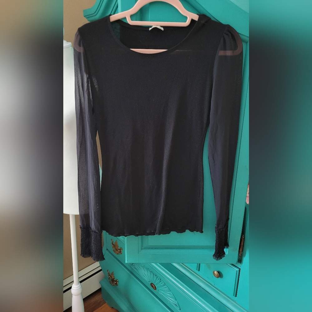 Free People Sheer Sleeve Black Long Sleeve Top